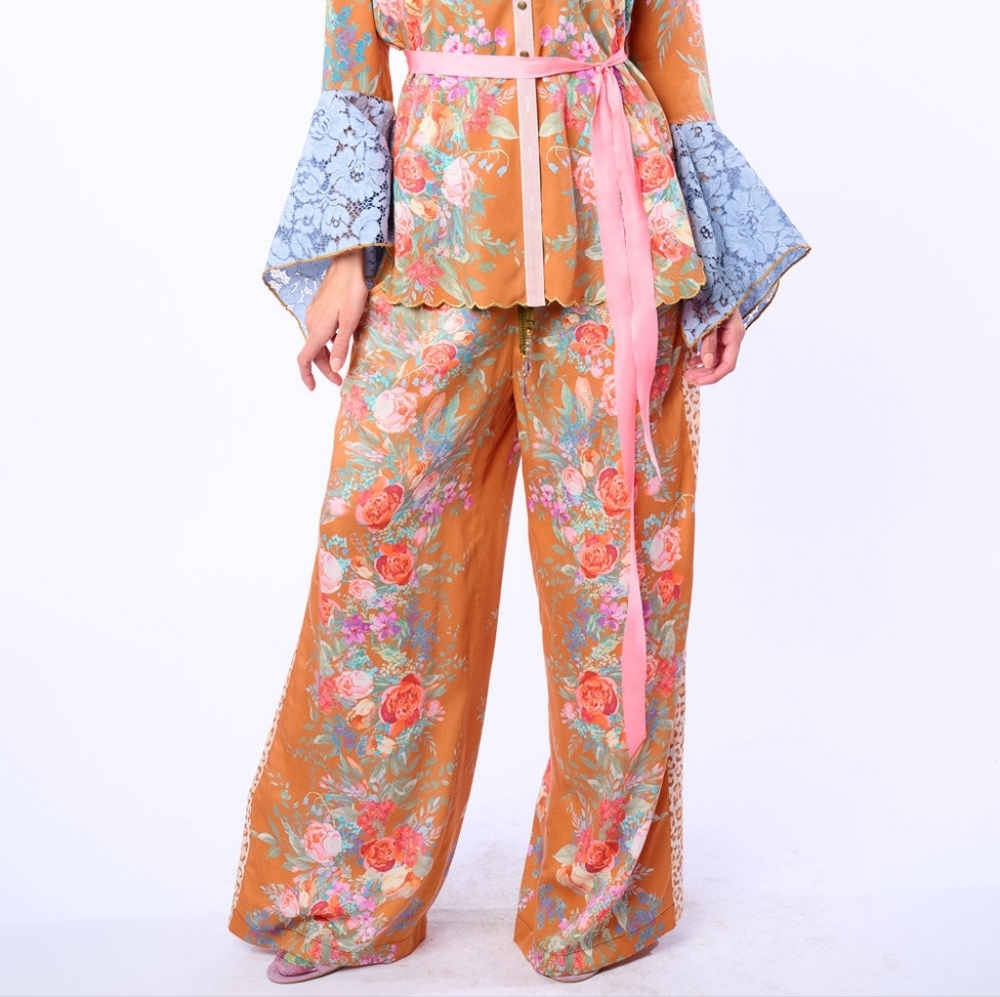 Valentina Pants Aratta Floral Wide-Leg Pants in Rust with Pink Accents